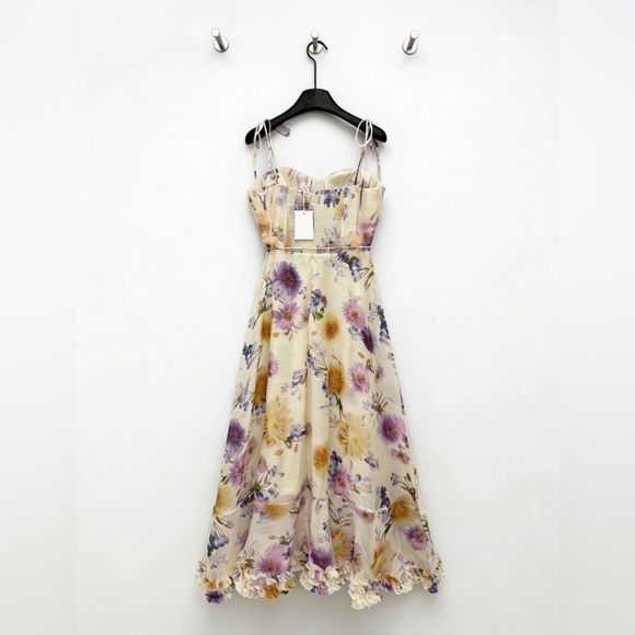 Zimmermann Cream Midi Dress with Purple and Yellow Floral Print - Picture 2 of 6